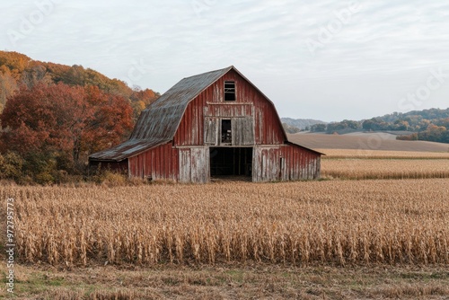 An aged, weathered barn amidst a harvested cornfield under an overcast autumn sky. The surrounding scenery creates a nostalgic and serene farm atmosphere.