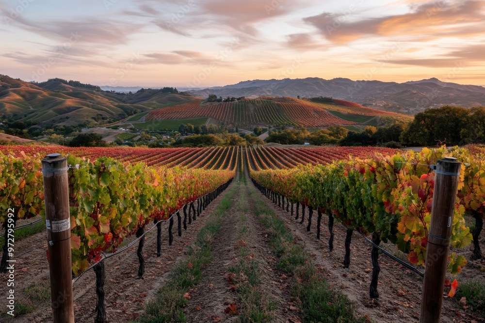 Vibrant vineyards stretch across rolling hills under a captivating sunset. The orderly rows and picturesque landscape exemplify nature's beauty and agricultural artistry. Vibrant vineyards stretch across rolling hills under a captivating sunset. The orderly rows and picturesque landscape exemplify nature's beauty and agricultural artistry.