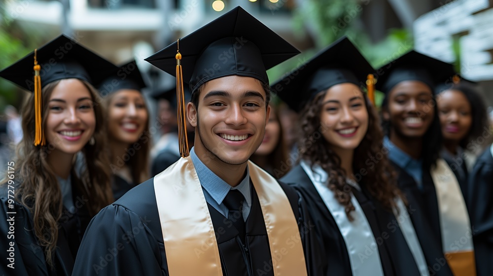 Group of diverse happy students smiling at graduation ceremony Group of diverse happy students smiling at graduation ceremony