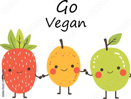 Vector Go Vegan with Smiling Fruits Strawberry, Mango, Apple Ideal for Vegan Branding and Educational Posters
