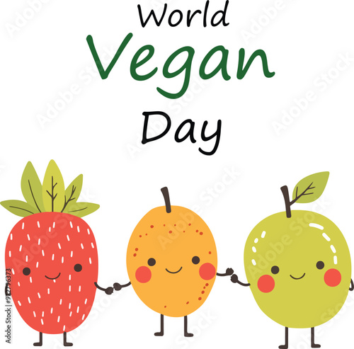 World Vegan Day vector with cute fruit characters for banners and posters