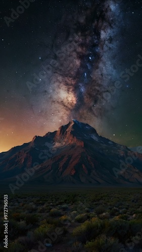 Majestic Mountain Under the Glowing Night Sky and Vibrant Milky Way