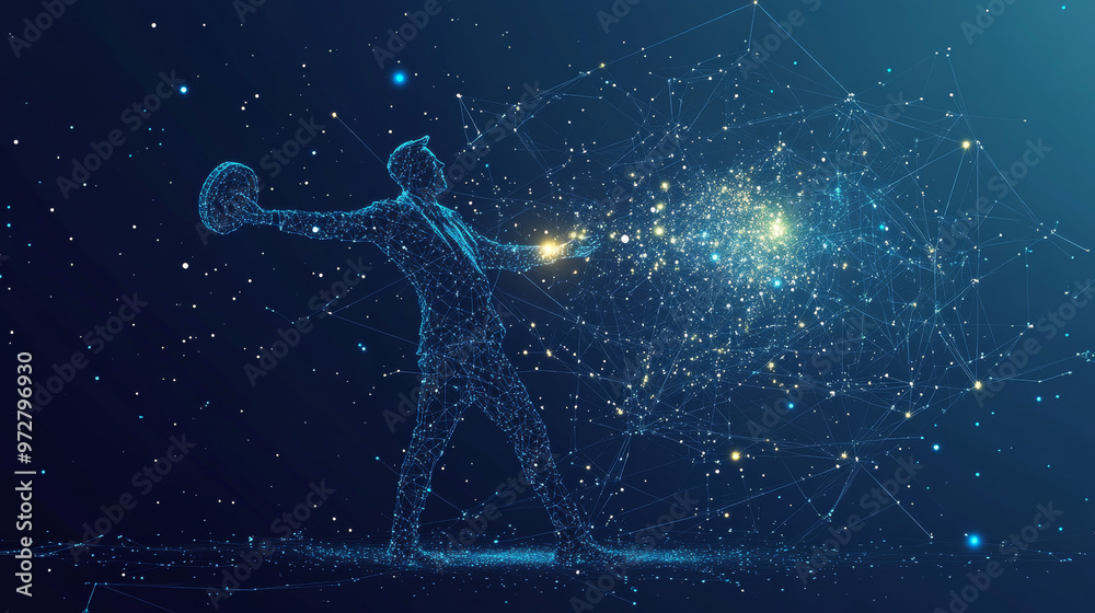 Abstract portrayal of a businessman lifting a dumbbell, visualized as a starry sky or space, formed by points, lines, and shapes resembling planets, stars, and the cosmos. Vector business concept.