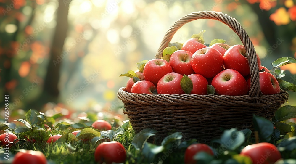 Basket of Red Apples on Grass with Sunlit Trees in a Lush Natural Setting. AI generated illustration Basket of Red Apples on Grass with Sunlit Trees in a Lush Natural Setting. AI generated illustration