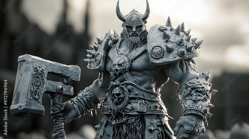 32. **Detailed 3D model of a legendary berserker warrior with spiked armor and a large hammer 32. **Detailed 3D model of a legendary berserker warrior with spiked armor and a large hammer
