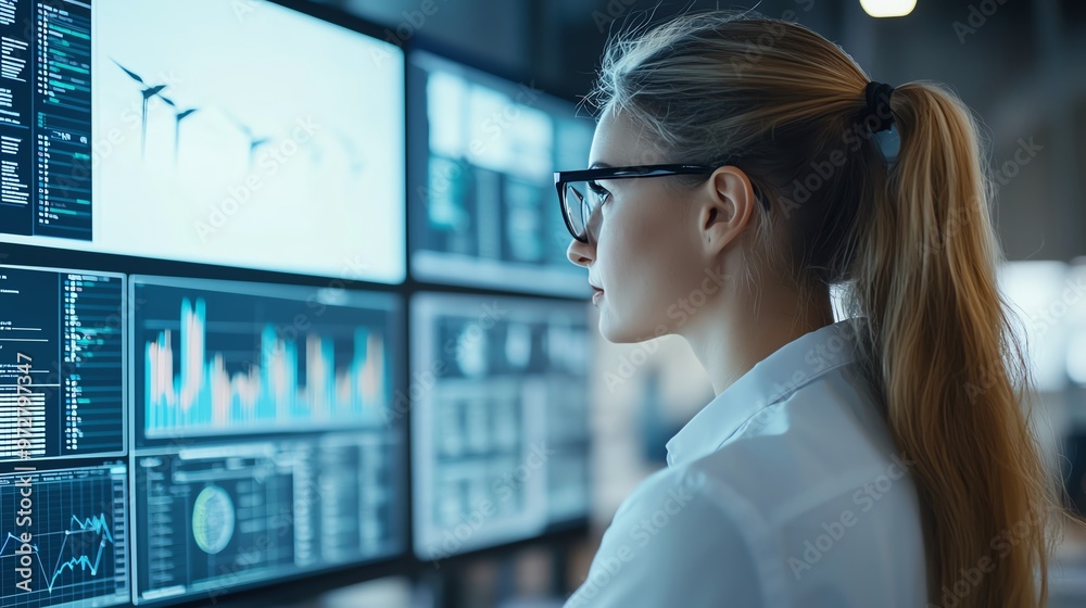 Fototapeta premium A focused businesswoman analyzes data on multiple screens, embodying modern technology and innovation in the workplace.