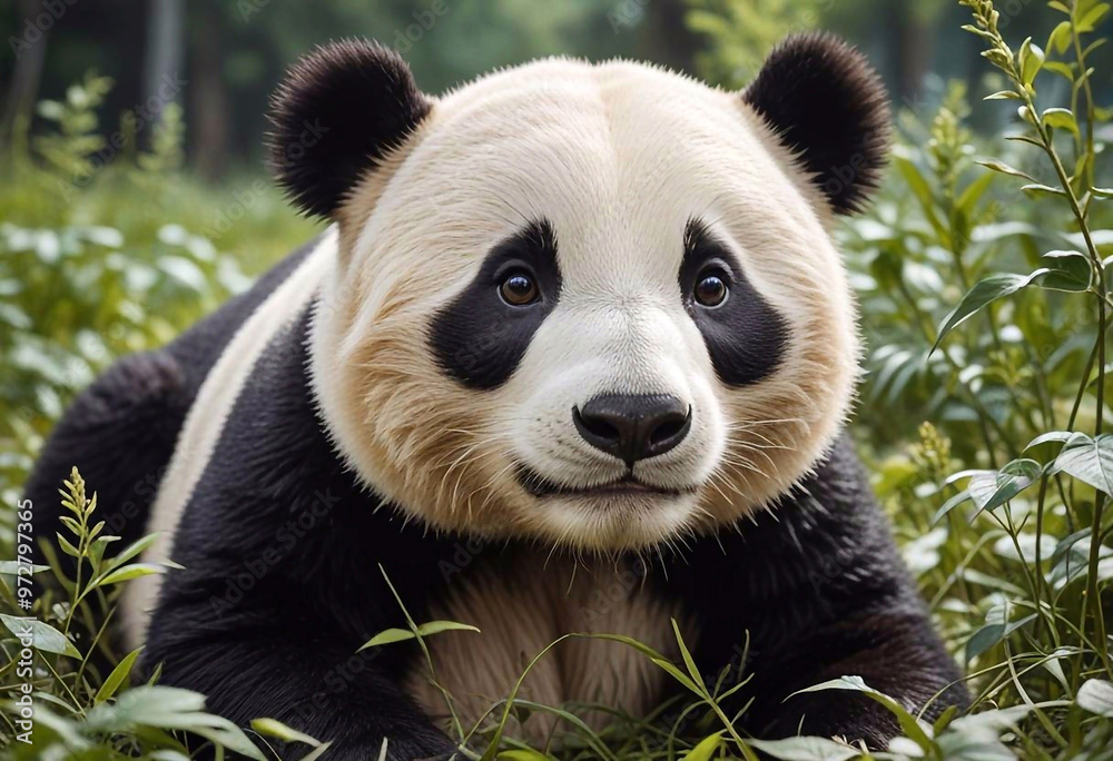 Fototapeta premium Panda bear close up on nature background