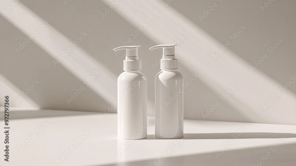 White cosmetic bottles with shadows on a neutral background White cosmetic bottles with shadows on a neutral background
