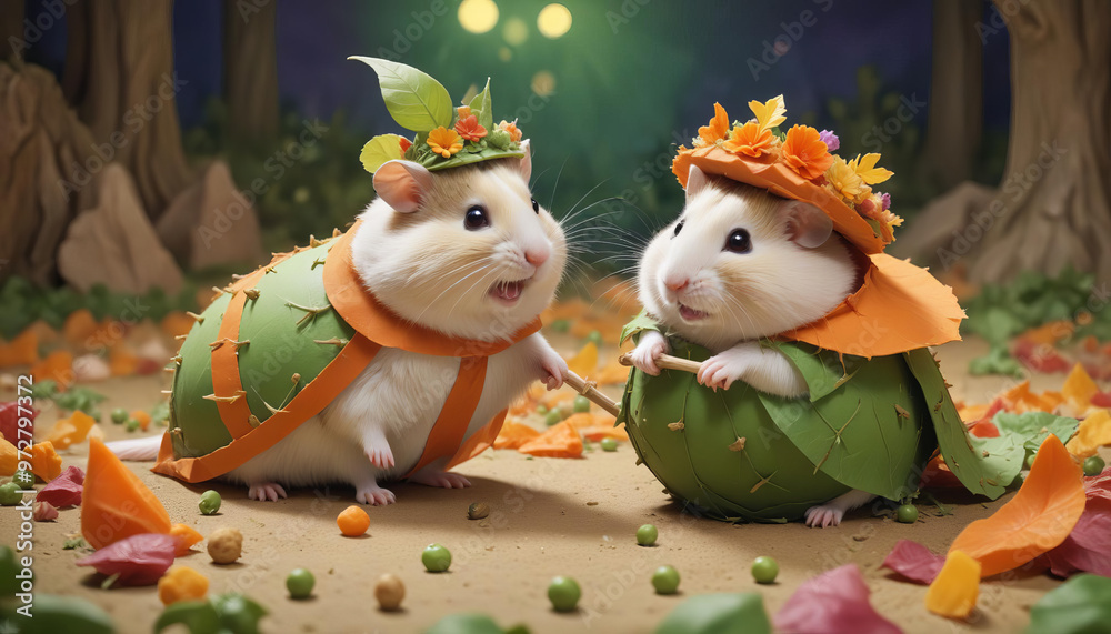 Fototapeta premium Hamsters in Festive Orange Costumes
