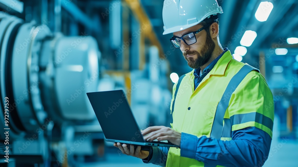 A focused engineer in a safety gear uses a laptop in an industrial setting, showcasing modern technology and workplace safety. A focused engineer in a safety gear uses a laptop in an industrial setting, showcasing modern technology and workplace safety.