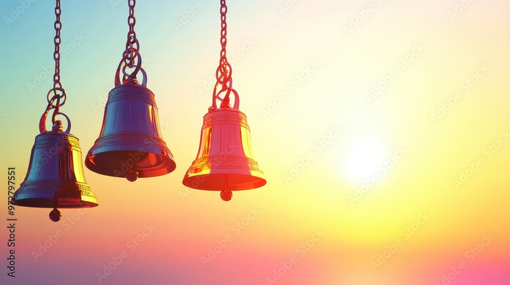 Obraz premium Three bells against a colorful sunset. Concepts hope, new beginnings, tranquility, spirituality.