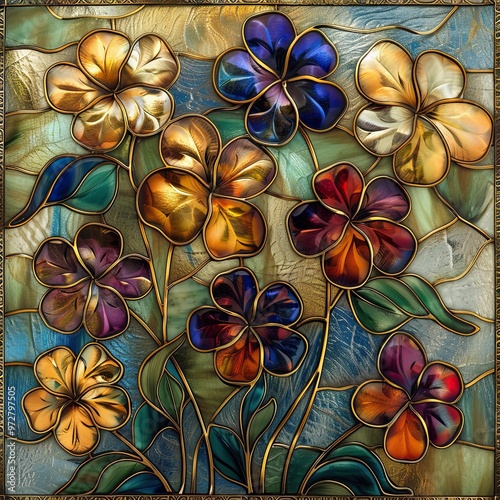 Beautiful stained glass artwork featuring vibrant flowers in shades of gold, blue, purple, and red, with intricate leaf details and a glowing, textured background.
