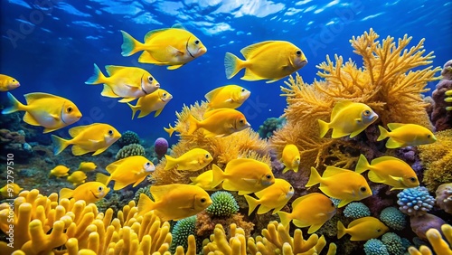 Vibrant schools of yellow tang and blue chromis dart through coral reef formations amidst waving sea fans and photo