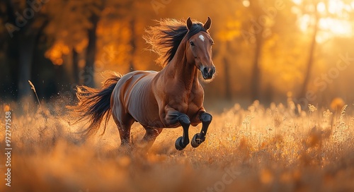 Brown Horse Galloping in Autumn Grassland, Cinematic Nature Scene. AI generated illustration