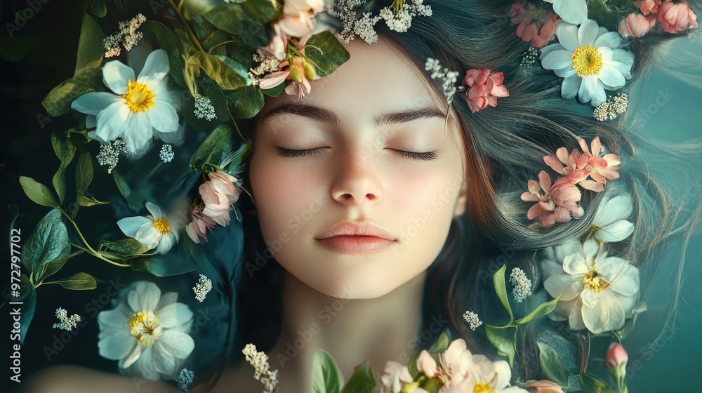 A young woman with closed eyes surrounded by flowers, a whimsical and dreamy portrait. A young woman with closed eyes surrounded by flowers, a whimsical and dreamy portrait.
