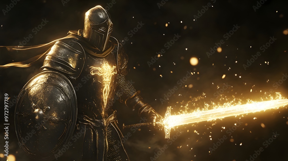 Fototapeta premium 21. **3D render of a heroic paladin in gleaming armor with a glowing sword and shield