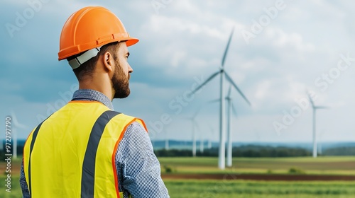 A focused engineer observes wind turbines, highlighting renewable energy innovations and sustainability in an expansive landscape.