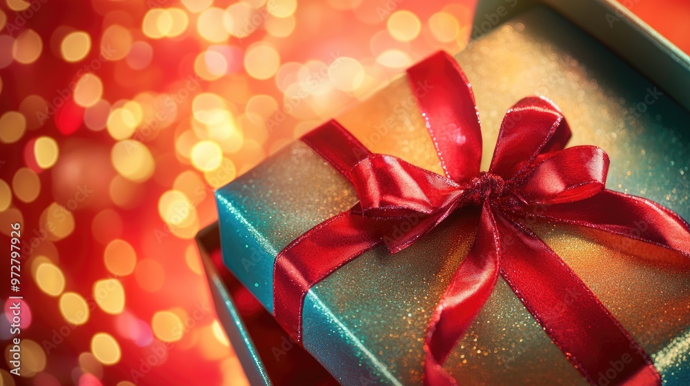 Open gift box with a bright ribbon, revealing a surprise gift inside, set against a festive background Open gift box with a bright ribbon, revealing a surprise gift inside, set against a festive background