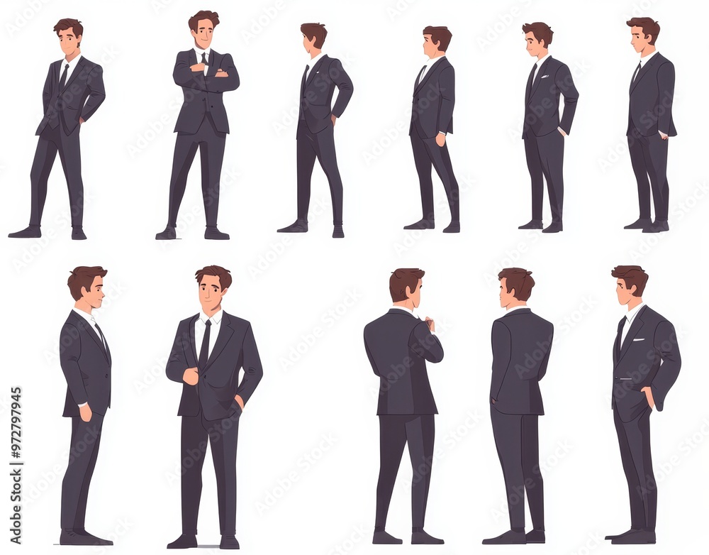 A digital character design of a businessman in formal attire, showing him in various poses from multiple perspectives. A digital character design of a businessman in formal attire, showing him in various poses from multiple perspectives.