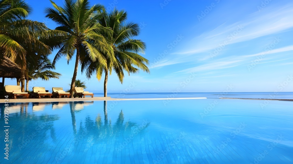 Tranquil Beach Resort Pool with Serene Reflections of Sky and Palms Tranquil Beach Resort Pool with Serene Reflections of Sky and Palms