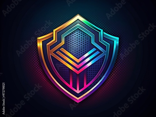 Vibrant shield-shaped logo template with intersecting geometric patterns, bold lines, and gleaming metallic accents, photo