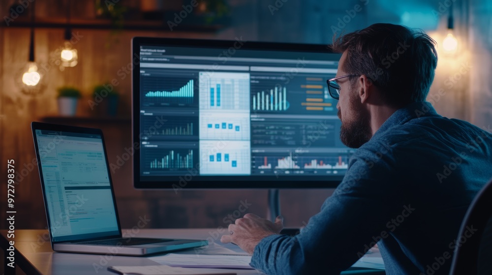 Businessman Analyzing Financial Data on Computer Screens Businessman Analyzing Financial Data on Computer Screens