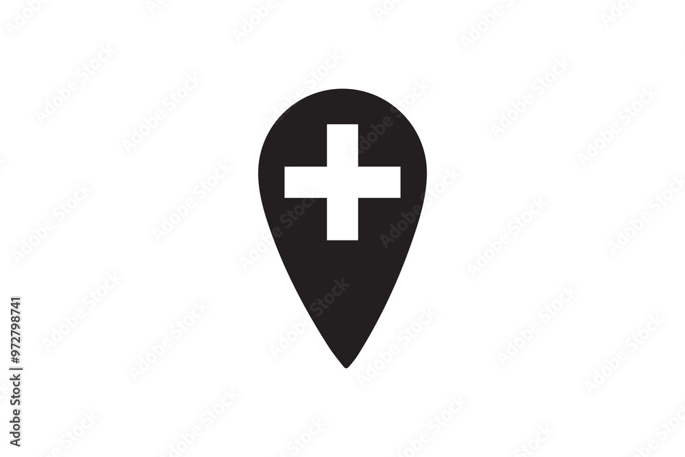 A location pin icon with a medical cross symbol inside, representing healthcare, hospital, or emergency services on maps or navigation systems. A location pin icon with a medical cross symbol inside, representing healthcare, hospital, or emergency services on maps or navigation systems.