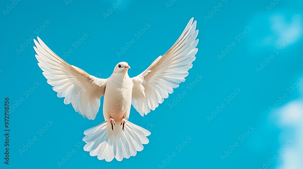 A white dove soars gracefully across a clear blue sky, symbolizing peace and freedom. A white dove soars gracefully across a clear blue sky, symbolizing peace and freedom.