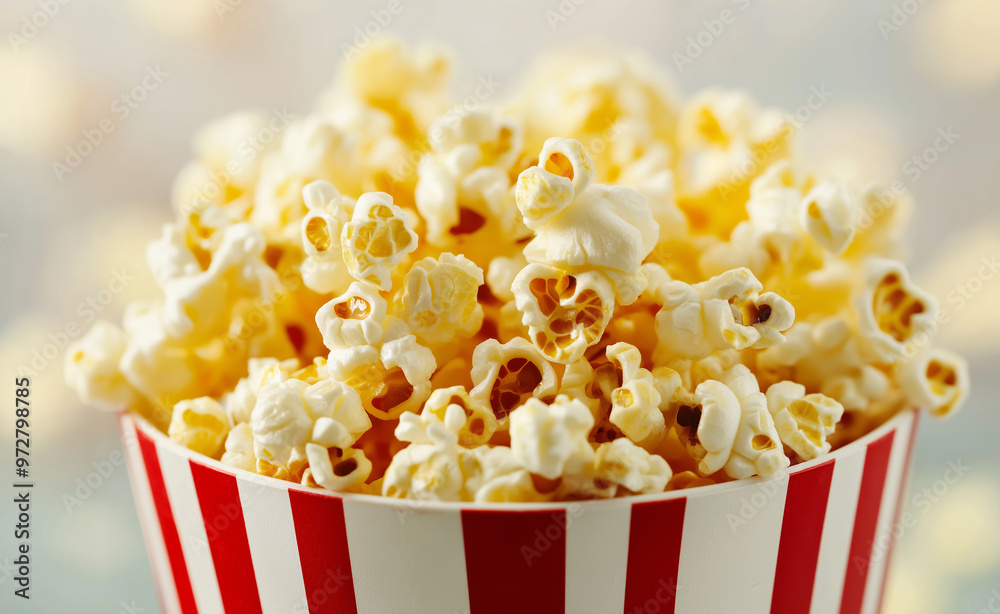 Freshly Popped Popcorn in a Classic Red and White Container Freshly Popped Popcorn in a Classic Red and White Container