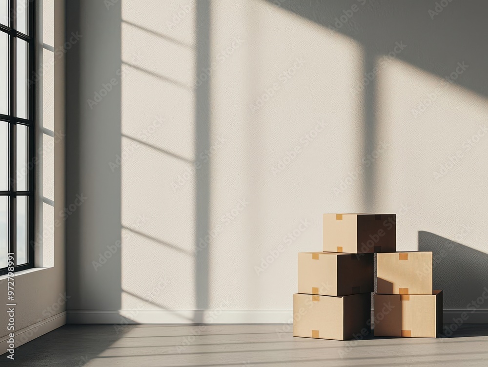 Artistic representation of moving boxes stacked by a window with sunlight streaming in, symbolizing hope and a fresh start in a new home Moving boxes, Fresh start transition Artistic representation of moving boxes stacked by a window with sunlight streaming in, symbolizing hope and a fresh start in a new home Moving boxes, Fresh start transition