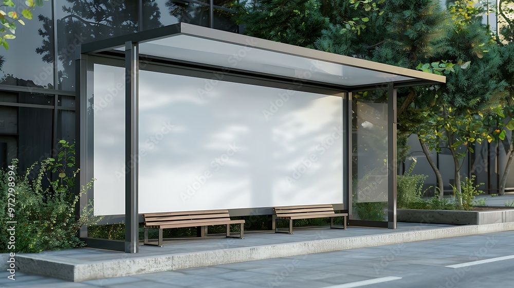 Empty bus stop with blank advertisement boards in a city, perfect for ad mockups and urban scenes. Empty bus stop with blank advertisement boards in a city, perfect for ad mockups and urban scenes.