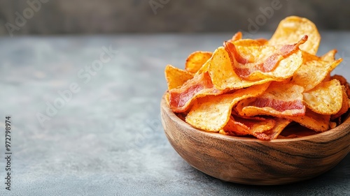 Crispy baked potato chips with bacon and cheese seasoning, served in a snack bowl, snack food, bacon-flavored chips