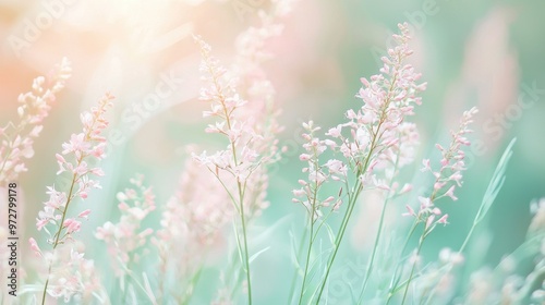 Soft pastel nature scene Create a serene nature scene featuring various botanical elements in soft pastel colors such as light pink, soft green, and pale blue. Use soft, diffused lighting to