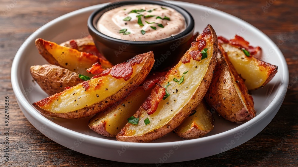 Oven-baked potato wedges with bacon and garlic aioli dipping sauce, snack food, bacon-flavored potatoes Oven-baked potato wedges with bacon and garlic aioli dipping sauce, snack food, bacon-flavored potatoes