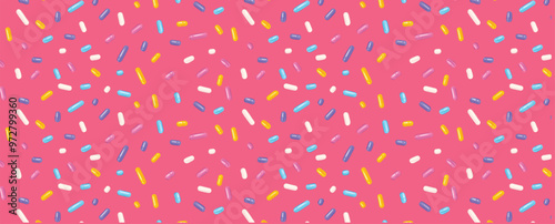 Festive seamless pattern with confetti or sprinkles for donuts. Vector seamless background for holiday, birthday, gift paper, decoration.