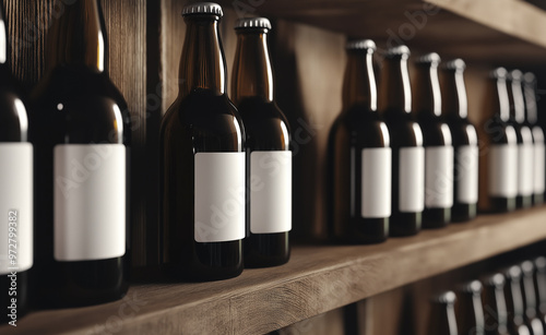 Row of Dark Bottles with Blank Labels in Low Light photo