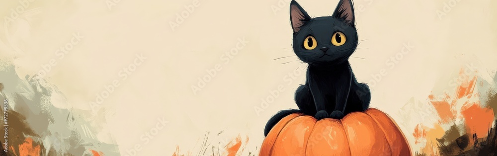 Halloween black cat with pumpkin and witch hat Halloween black cat with pumpkin and witch hat