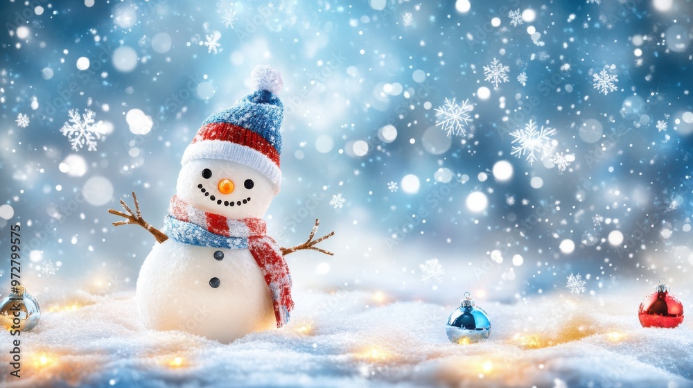 Fototapeta premium Charming winter day with a snowman surrounded by snowflakes and twinkling