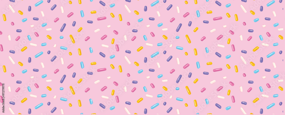 Festive seamless pattern with confetti or sprinkles for donuts. Vector seamless background for holiday, birthday, gift paper, decoration. Festive seamless pattern with confetti or sprinkles for donuts. Vector seamless background for holiday, birthday, gift paper, decoration.