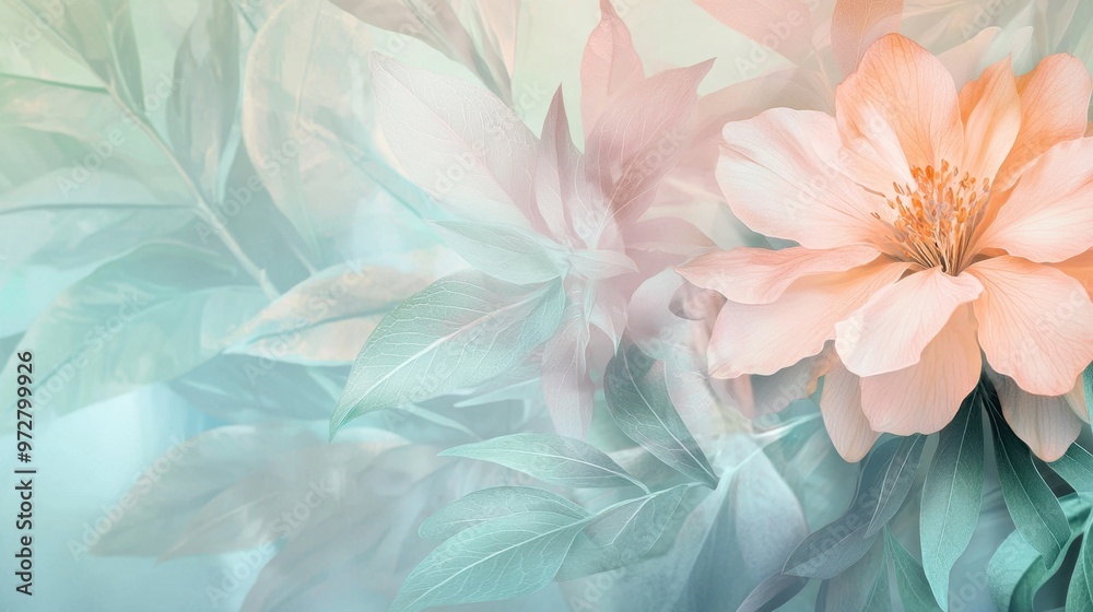 Obraz premium Pastel botanical elements with a tranquil background Illustrate or photograph botanical elements such as flowers and leaves in pastel colors like light peach, soft green, and pale blue, set against a