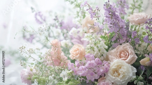 Dreamy pastel floral arrangement Create a dreamy arrangement of flowers in pastel hues such as soft lavender, blush pink, and light mint green. Arrange the flowers in a flowing and natural manner,