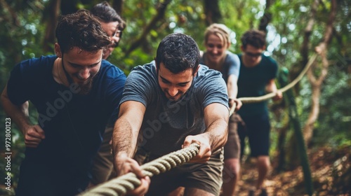 Team Building Activity   Men Pulling Rope in Forest