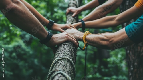 Teamwork  Hands Grasping Tree Trunk  Collaboration   Nature Challenge   Outdoor Adventure