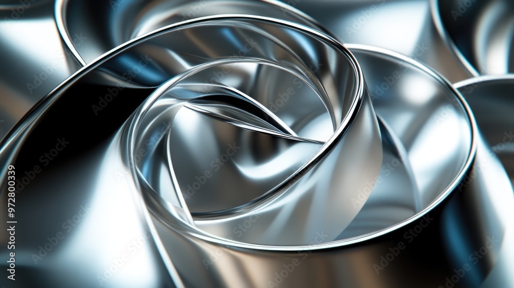 Silver ribbon loop in a spiral arrangement on a shiny metallic surface ...