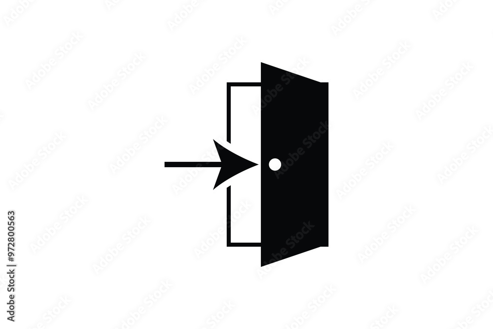 A black and white vector illustration of an open door with an arrow pointing outward, symbolizing an exit, departure, or the way out. A black and white vector illustration of an open door with an arrow pointing outward, symbolizing an exit, departure, or the way out.