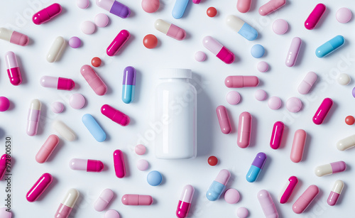 White Medicine Bottle Surrounded by Colorful Pills on a White Background