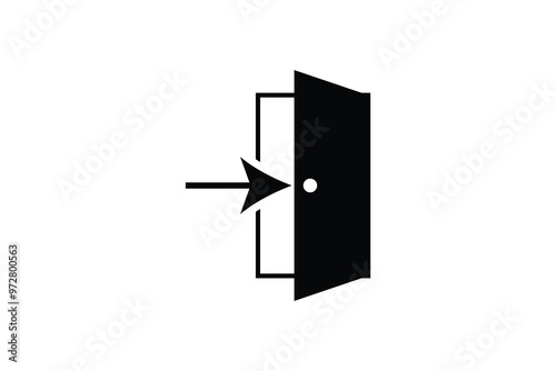 A black and white vector illustration of an open door with an arrow pointing outward, symbolizing an exit, departure, or the way out.