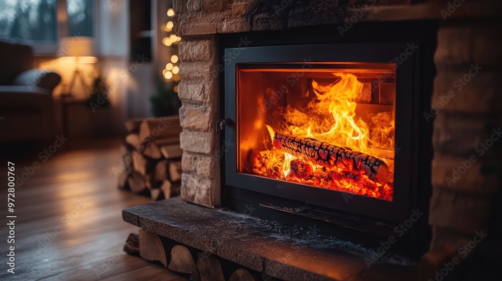 Fireplace burning with christmas tree lights reflecting in the window Fireplace burning with christmas tree lights reflecting in the window