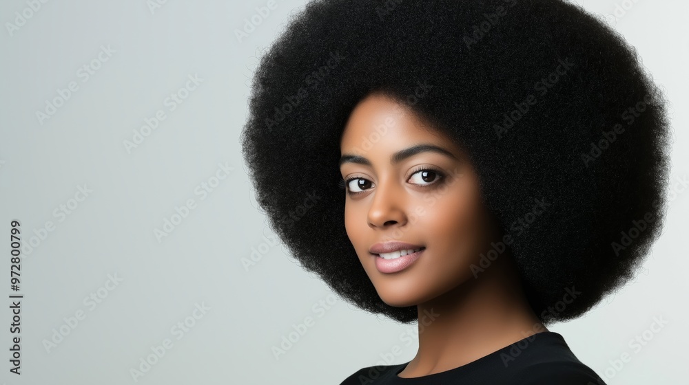 A woman with a big afro is smiling for the camera. She has a nice, even smile and her eyes are open wide A woman with a big afro is smiling for the camera. She has a nice, even smile and her eyes are open wide