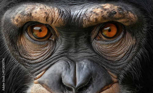 Close-Up Portrait of a Chimpanzee with Intense Amber Eyes photo